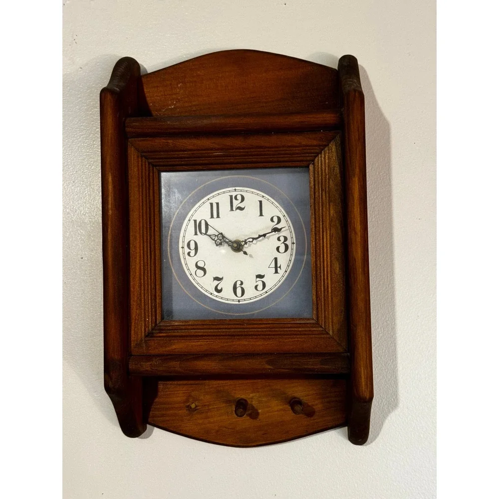 Vintage Possible NOEL Woodcraft Wall Clock with Key Hooks Dark Wood
